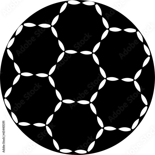 Black and white ball with hexagonal pattern.