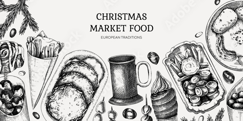Traditional European Christmas market food background. Fast food menu design elements. Vintage hand-drawn vector illustration. Pastries, sweets, grilled sausages, hot drinks, raclette sketches.
