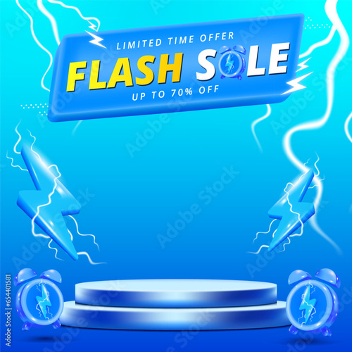 Flash Sale Shopping Poster or banner with Flash icon and 3D text on blue background. Template design for social media with blank product podium scene.