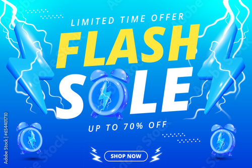 Flash Sale Shopping Poster or banner with Flash icon and 3D text on blue background. Template design for social media with blank product podium scene.
