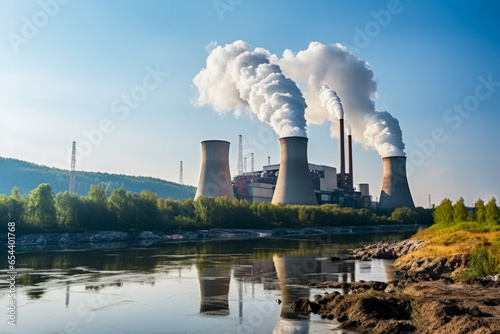 Coal power plant with towering smokestacks background with empty space for text 