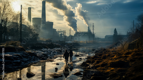 Coal-fired power plants casting stark shadows in an industrialized zone 