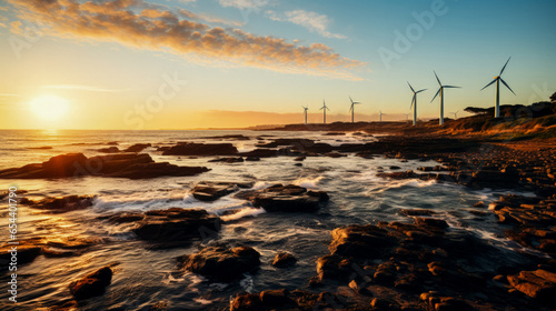 Coastal wind turbines spinning elegantly in the breeze creating renewable energy 