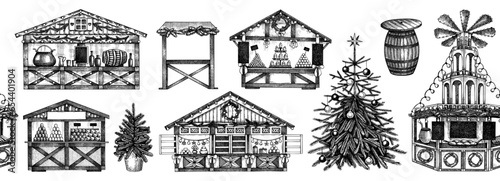 Christmas market seamless pattern. Hand drawn vector illustration. European holiday marketplace design, vintage background with Christmas tree, wooden stall kiosk, candy shop, mulled wine sketches