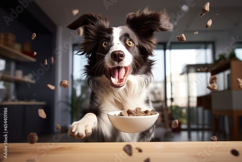 Print op canvas A happy border collie dog with scattered pellets of dry food.