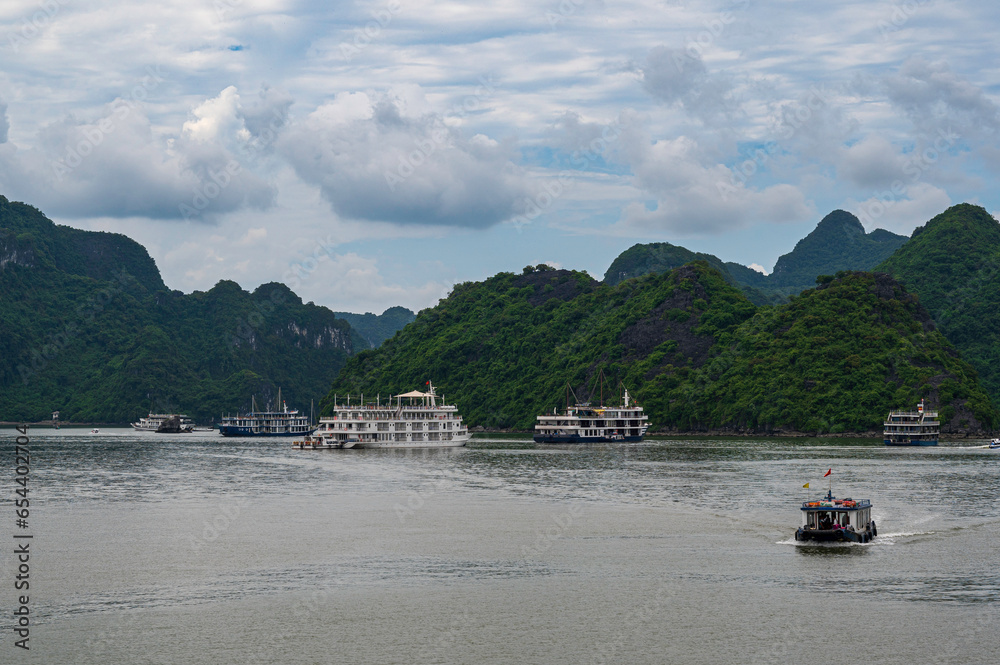 Halong Bay, Vietnam, with cruise ships floating between the spectacular geological features of the UNESCO World Heritage site.