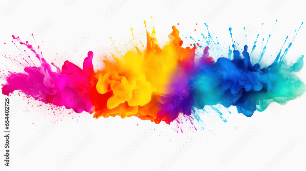 Abstract artistic colorful paint splashing of watercolor rainbow splash, spray-paint style, color field, acrylic drop, neon fluorescent colorful on white background.