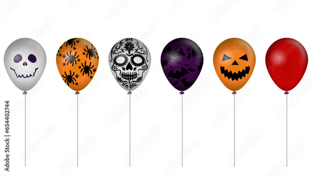 Party decoration and concept, scary air balloons for halloween on white background. Bladder with scary halloween eyes and mouths.