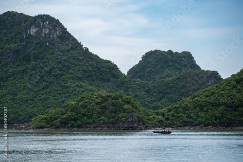 Small fishing boats, in the spectacular scenary of Ha Long Bay, Vietnam. One of the modern natural wonders of the world. © parkerspics