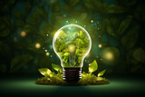 Glowing light bulb on green leaves background. Ecology concept, renewable alternative energy digital icon