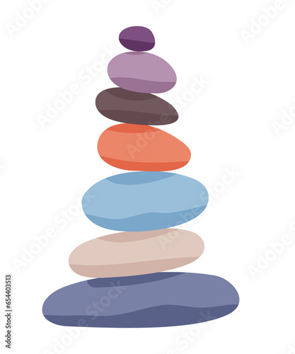 Meditation stone balance pyramid vector illustration. Stacked pebbles pastel colors object isolated in white background