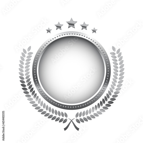 Silver shiny circle medal, laurel wreath with stars vector illustration. Chrome shining round badge prize for winner, award trophy nominee luxury symbol, nomination reward emblem on white background