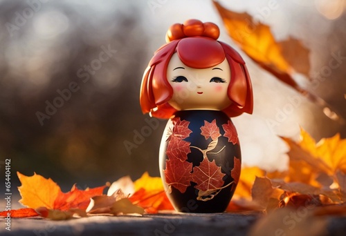 Kokeshi doll with autumn leaves