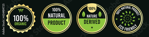 Set of Golden Ecological organic icons, labels or logo in green and golden colors for food products. Vector design. Labels and stickers designed for Eco friendly and natural product