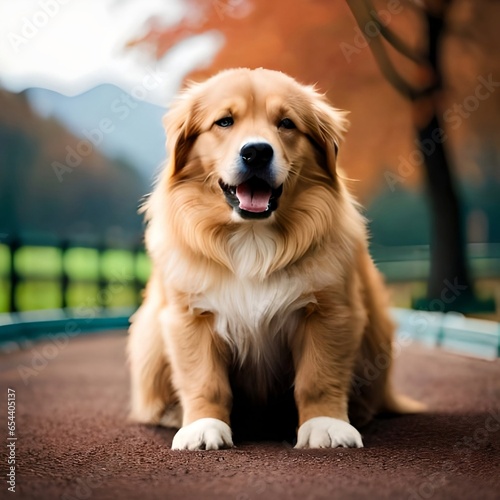 The cute dog on the road in colourful background Generated AI © Pasindu