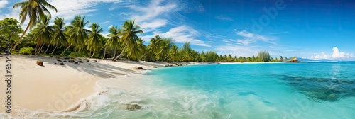 Sandy tropical beach with island on background,, Generative AI © kanesuan
