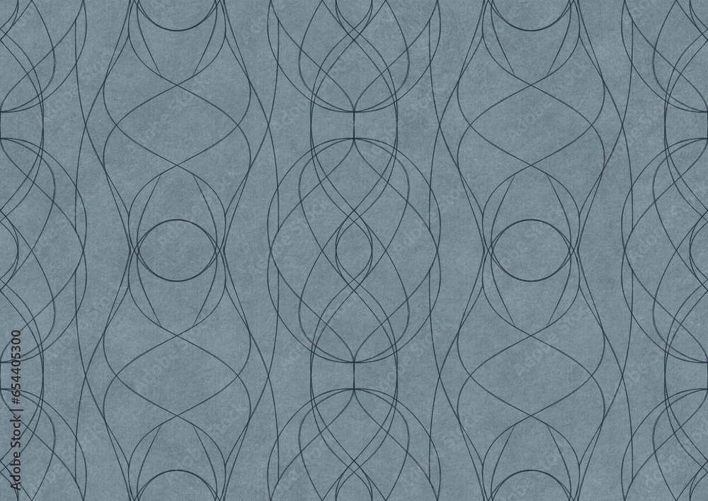 Hand-drawn unique abstract symmetrical seamless ornament. Dark blue on a light blue background. Paper texture. Digital artwork, A4. (pattern: p10-1b)
