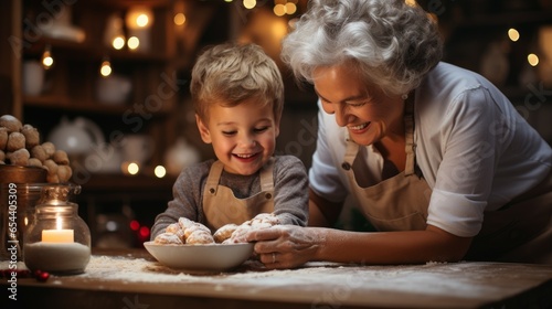 A grandmother and her grandchild bonding while making homemade cookies photo