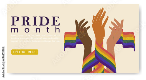 Hands holding together rainbow lgbt flag, pride month banner. Multiracial love.
