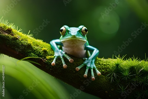 A blue frog with a yellow eye is sitting on a branch ,Jade tree frog sitting on branch with black background, rhacophorus dulitensis, animal closeup photo