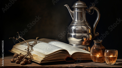 Still life with old book and old metal and glass jugs. AI generated