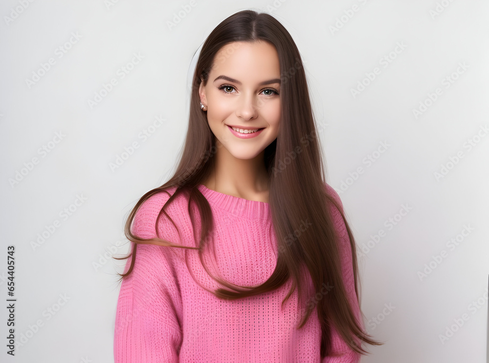 young and beautiful woman in pink warm sweater, natural look, smiling, portrait on , isolated, long hair young and beautiful woman in pink warm sweater, natural look, smiling, portrait on , isolated, long hair