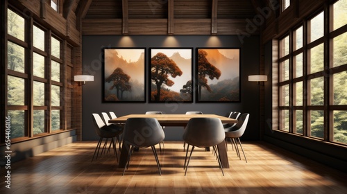 Minimalist modern pure black dining room interior design.