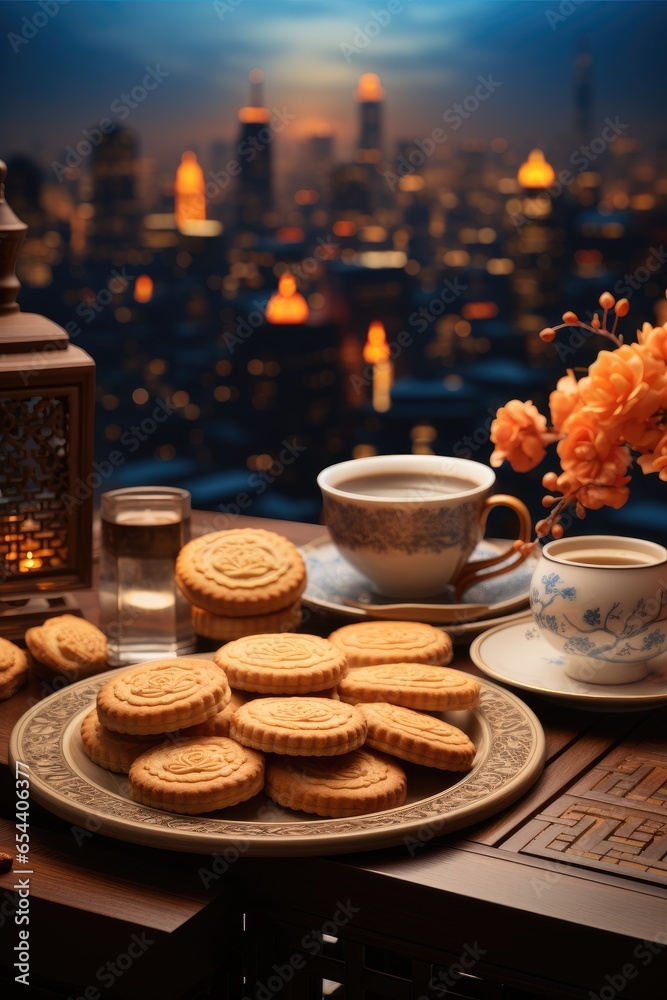 Mooncake on the table with city view. Mooncake on the table with city view.