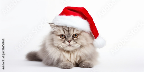 Big funny fluffy cat in a Santa Claus hat. Christmas, generative ai