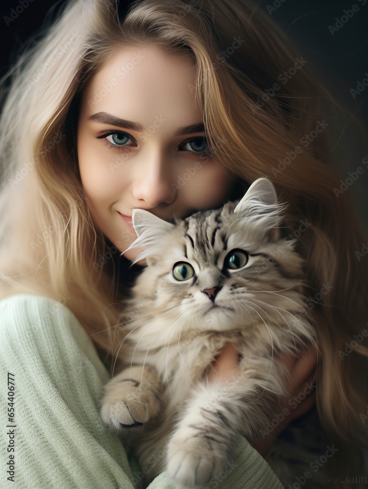 Portrait of young boy holding cute siberian cat with green eyes. male hugging her cute long hair kitty. Background, copy space, close up. Adorable domestic pet concept , Generative AI Portrait of young boy holding cute siberian cat with green eyes. male hugging her cute long hair kitty. Background, copy space, close up. Adorable domestic pet concept , Generative AI