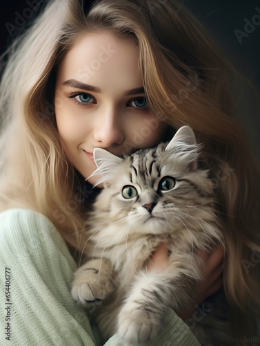 Portrait of young boy holding cute siberian cat with green eyes. male hugging her cute long hair kitty. Background, copy space, close up. Adorable domestic pet concept , Generative AI