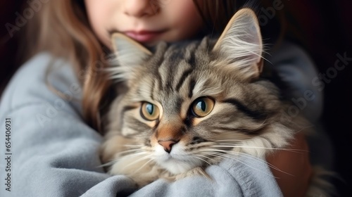 Portrait of young boy holding cute siberian cat with green eyes. male hugging her cute long hair kitty. Background  copy space  close up. Adorable domestic pet concept   Generative AI