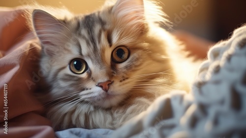 Portrait of young boy holding cute siberian cat with green eyes. male hugging her cute long hair kitty. Background  copy space  close up. Adorable domestic pet concept   Generative AI