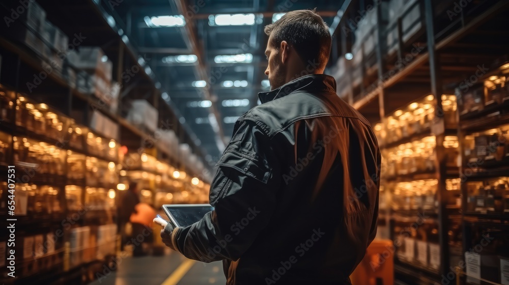 Warehouse worker use tablet checking inventory levels in a warehouse, Logistics concept.
