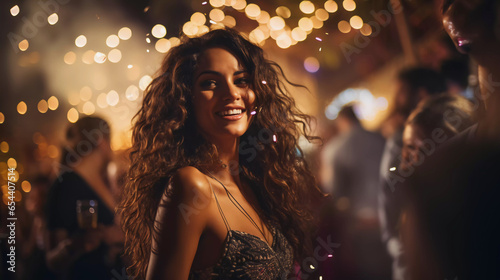 chica latina joven celebrando las fiestas de fin de año en una calle llena de luces con decoraciones brillantes y muy feliz  photo