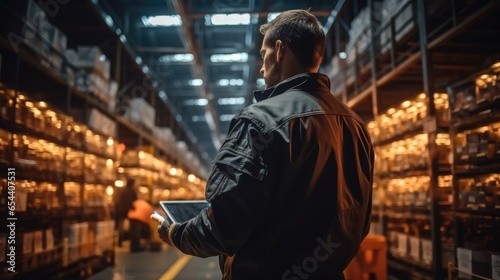 Warehouse worker use tablet checking inventory levels in a warehouse  Logistics concept.