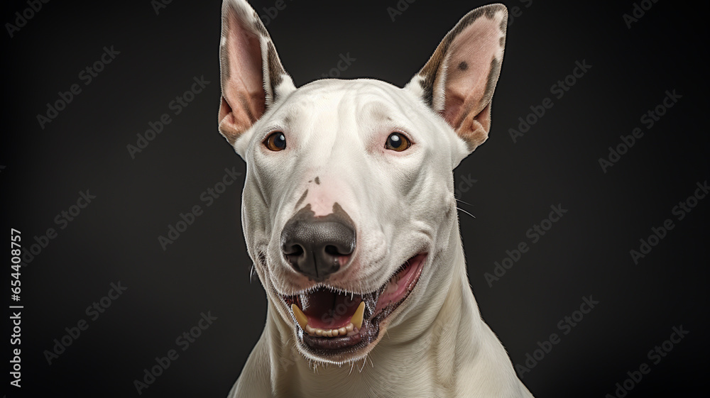Realistic portrait of Bull Terrier dog. AI generated