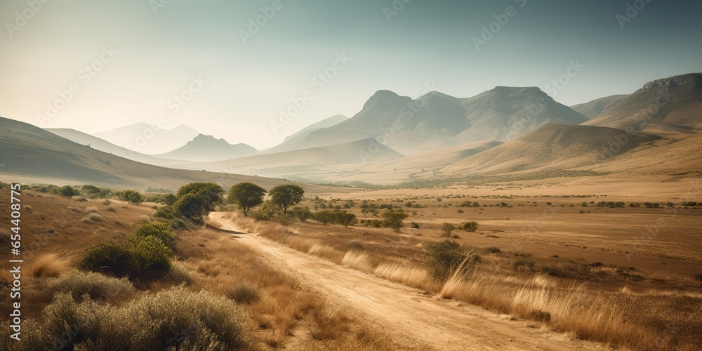 AI Generated. AI Generative. Wild outdoor nature South Africa landscape background with mountains and field. Graphic Art