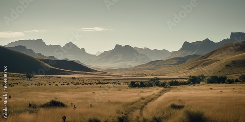 AI Generated. AI Generative. Wild outdoor nature South Africa landscape background with mountains and field. Graphic Art