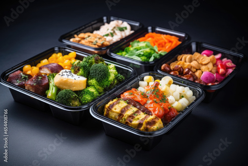 Prepared food for healthy nutrition in lunch boxes. Catering service for balanced diet. Takeaway food delivery in restaurant. Containers with everyday meals