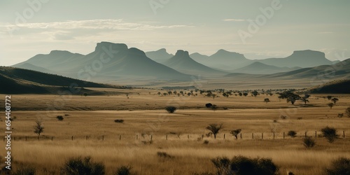 AI Generated. AI Generative. Wild outdoor nature South Africa landscape background with mountains and field. Graphic Art