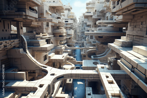 City as maze with streets and bridges. Futuristic architecture