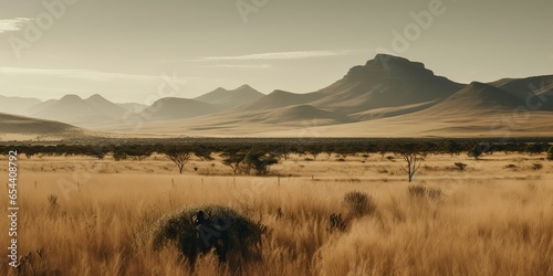 AI Generated. AI Generative. Wild outdoor nature South Africa landscape background with mountains and field. Graphic Art