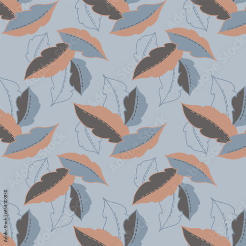 This Seamless Repeat Vector Pattern Design Features Autumn Leaves of Rust, Blue, Brown, Tan, and Line Art Falling Scattered Through the Fog on A Dusty Blue Background