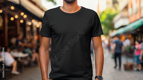 Young Model T Shirt Mockup Boy wearing black blank space t-shirt for advertisement, person walking in the city