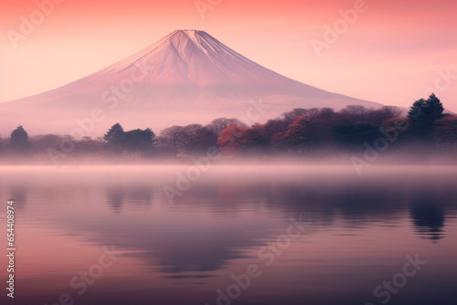Beautiful scenic landscape of mountain with reflection on lake at dawn with twilight sky