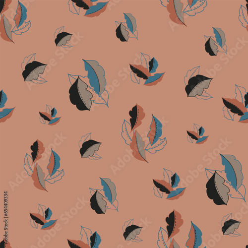 A Seamless Vector Repeat Pattern Design of Falling Autumn Leaves of Blue, Brown, Line Art, Rust, and Light Blue Creates this Vector Repeat Pattern Seamless Design