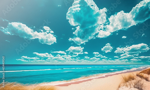 Ilustración estilo óleo del mar y la playa. Dibujo de día soleado con nubes en el océano. photo