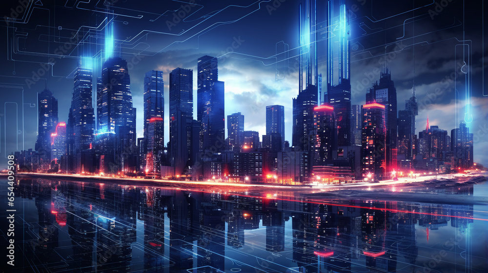 Futuristic cityscape, digital, cyberpunk aesthetic, rain and reflections. ai generative Futuristic cityscape, digital, cyberpunk aesthetic, rain and reflections. ai generative