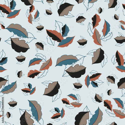 Autumn Leaves of Line Art and Rust, Blue, Tan, and Black  Are Scattered Across a Light Blue Background in a Vector Repeat Seamless Pattern Design